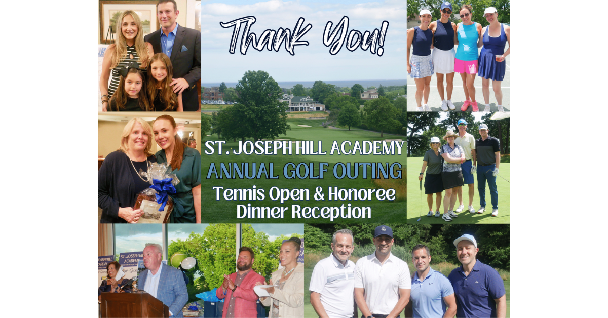 Collage of images from the St. Joseph Hill Academy Annual Golf Outing event, including participants and activities.