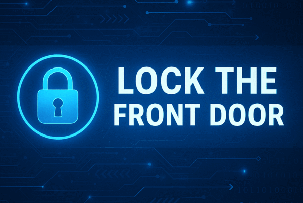 Graphic with a padlock icon and the text 'LOCK THE FRONT DOOR' on a digital background with binary code.