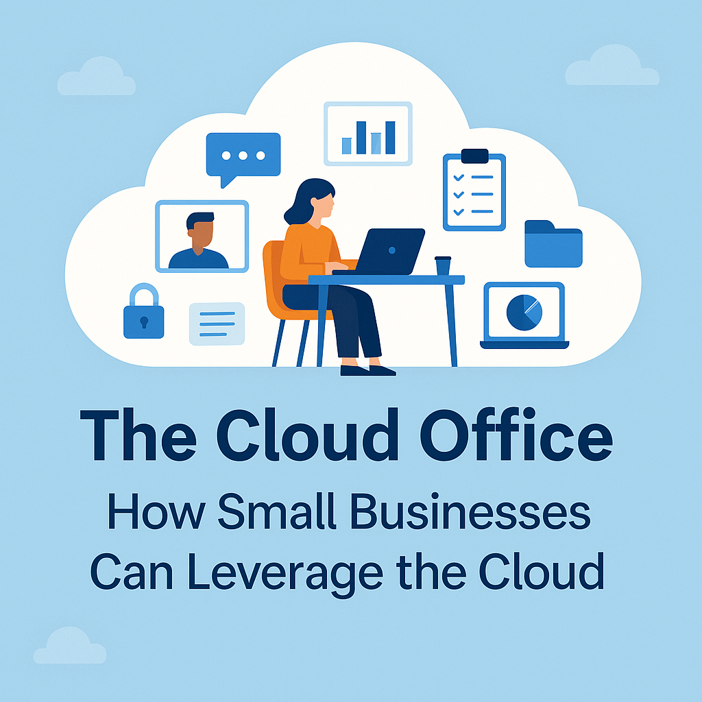Illustration of a woman working at a desk with a laptop, surrounded by cloud icons representing digital tools and data.