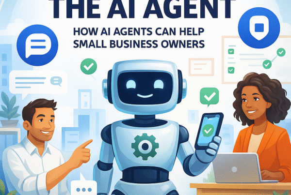 Illustration of a friendly AI robot assisting two small business owners in a modern office setting.